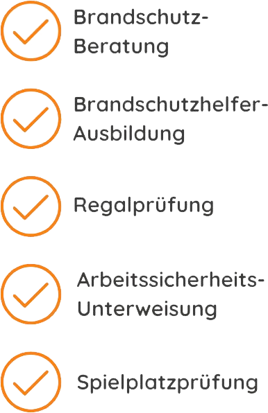 Dienstleistungen im Bereich Brandschutz und Arbeitssicherheit: Brandschutzberatung, Brandschutzhelfer Ausbildung, Regalprüfung, Arbeitssicherheits-Unterweisung und Spielplatzprüfung